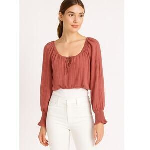 WAYF Cropped Long Sleeve Textured Peasant Blouse – Size Small – Rust Red